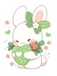 a cartoon bunny holding a green heart in its paws with flowers and hearts around it