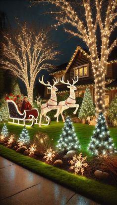 christmas lights in front of a house with reindeer and sleigh on the lawn