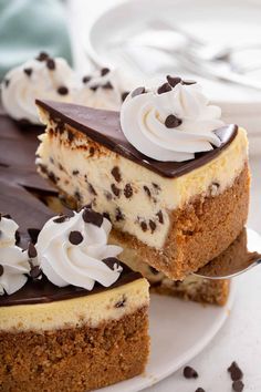 a slice of cheesecake with chocolate and whipped cream