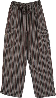 A comfortable and loose-fit cotton bohemian striped pants in soft hand-loomed cotton fabric.  The pants feature an elastic waist with a flexible drawstring and 5 functional pockets (2 inner side pockets, 2 outer pockets, 1 back pocket). #tlb #SplitSkirtsPants #Pocket #vacationclothing #Striped #bohemianfashion #men`sbohemianpants #men`sNepalpants Hippie Pants Men, Casual Striped Cotton Harem Pants, Bohemian Wide Leg Striped Pants, Bohemian Striped Cotton Pants, Masculine Hippie Outfits, Mens Striped Pants, Hippie Clothes Men, Hippy Pants, Mens Bottoms