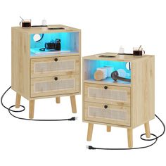 two wooden drawers with lights on them and one has a blue light in the middle