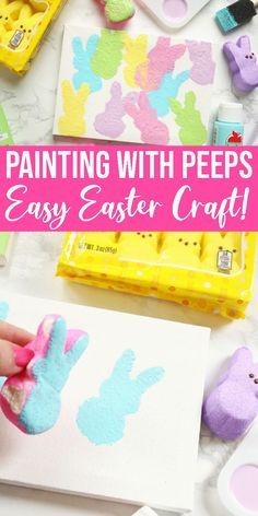 someone is painting with peeps easy easter craft on paper and then using it to decorate them