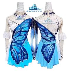 two blue and white dresses with butterfly wings