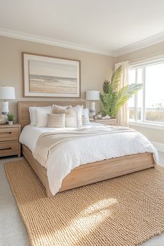 a bedroom with a large bed and two lamps on either side of the window sill