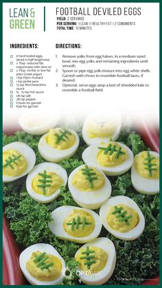 an image of deviled eggs on top of lettuce with green writing in the middle