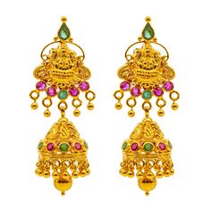 Bring a regal look to your traditional wear or other formal outfits with this stunning Goddess Laxmi Jewelry Set from Virani! The radiant emeralds and rubies embedded into this sacred 22k yellow gold temple design featuring a depiction of the Goddess Laxmi is just what a woman needs to show off her pride in her heritage while making a luxuriously bold statement.Features• 22K Yellow Gold.• Emeralds. • Rubies.Specifications• Minimum Necklace Width - 2 millimeters • Maximum Necklace Width - 47 mill Gold Plated Temple Jewelry Jhumkas For Puja, Multicolor Temple Necklace With 17 Jewels, Multicolor 17 Jewels Temple Necklace, Yellow Gold Temple Necklace With 17 Jewels For Diwali, 22k Gold Temple Necklace For Rituals, Traditional Gold Plated Temple Necklace For Rituals, Traditional Temple Necklace With 17 Jewels For Puja, Traditional 22k Gold Temple Necklace In Green, Yellow Gold Temple Necklace For Festivals