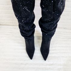 Elegant Knee-high Boots With Rhinestones, Elegant Knee-high Rhinestone Boots, Glamorous Fitted Heeled Boots With Rhinestones, Winter Party Boots With Rhinestones, Fitted Sparkling Boots For Evening, Glamorous Fitted Knee-high Winter Boots, Elegant Sparkling Fitted Boots, Glamorous Fitted Knee-high Boots For Winter, Elegant Fitted Sparkling Boots