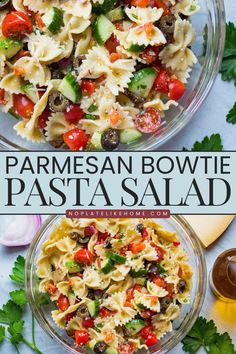 two bowls filled with pasta salad next to each other