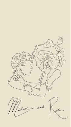 a drawing of two people sitting next to each other on a sheet of paper with the words michael and kate written in black ink