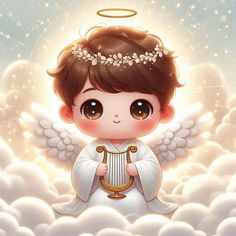 an angel with wings holding a harp on top of clouds in front of the sun