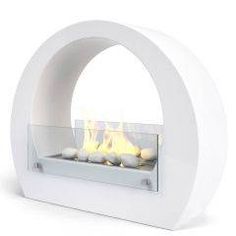 a white circular fire pit with flames in it