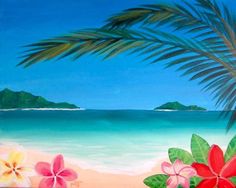 a painting of flowers and palm trees on the beach