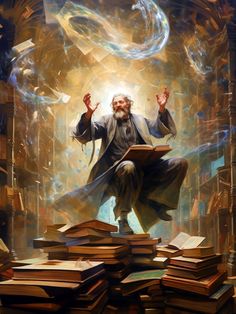 an image of a man sitting on top of a pile of books with his hands in the air