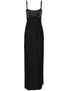 jet black cady texture satin trim dart detailing gold-tone hardware round neck concealed rear zip fastening two adjustable shoulder straps sleeveless fitted waistline square open back multiple thigh-high slits ankle-length full lining Satin Sleeveless Evening Dress For Black-tie Events, Silk Fitted Maxi Dress For Black-tie Events, Sleek Fitted Evening Dress For Black-tie Events, Formal Sheath Maxi Dress Lined, Sleek Fitted Maxi Dress For Black-tie Events, Fitted Sleeveless Evening Dress With Structured Boning, Sleek Structured Evening Dresses, Elegant Lined Sheath Maxi Dress, Sleek Sheath Maxi Dress For Formal Occasions