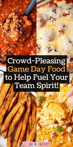 a plate with some food on it and the words crowd pleasing game day food to help fuel your team spirit