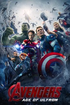 the avengers age of ultron poster is shown in front of an image of various characters