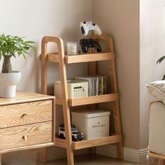 a living room with a wooden ladder and bookshelf next to a plant in a vase