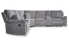 a grey sectional sofa with two recliners on the back and one arm extended