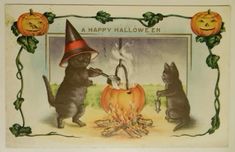 an old halloween postcard with two cats in front of a fire and pumpkins