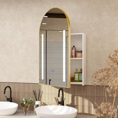 a bathroom with two sinks and a mirror on the wall next to each other in front of a shelf