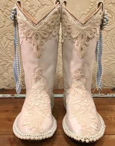 "Hand crafted white cowgirl boots bedazzled with lace and pearls up for sale size 6 1/2. Something old, something new, something borrowed and something blue! Here is an example of my new bridal collection. I've taken vintage cowgirl boots and have restyled them with crystals, beads, glitter, sequins, lace and rhinestones. I'd love to make a pair of one of a kind boots for you. I'll work with you every step of the way, from design to completion leaving no rhinestone unturned. I can work with a pa Vintage Cowgirl Boots, Bling Boots, Summer Boots Outfit, White Cowgirl Boots, Bridal Sneakers, Leather Cowgirl Boots, Cowgirl Bling, Boot Bling, Something Old Something New