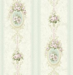 an ornate wallpaper with pink flowers and green leaves on the border, in pastel tones