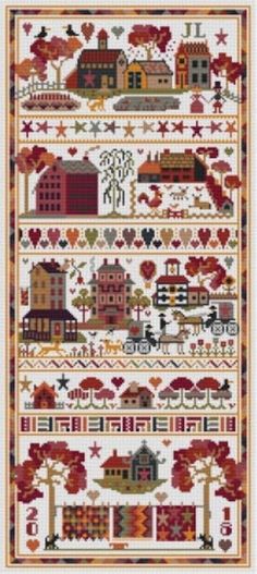 a cross stitch pattern with autumn trees and houses on the front, along with fall foliages