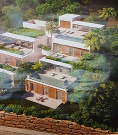 an artist's rendering of a modern house in the woods with trees surrounding it