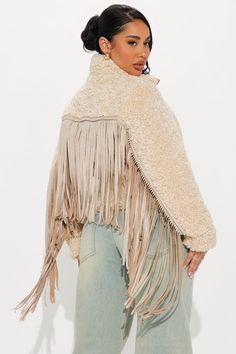 Available In Cream. Jacket Collar Long Sleeve Sherpa Fringe Pockets Fully Lined Reversible Faux Suede: 90% Polyester 10% Spandex Faux Fur: 100% Polyester Imported | Cozy Out West Sherpa Fringe Coat in Cream size XL by Fashion Nova Fringe Coat, Fringe Coats, Cream Fashion, Jacket Collar, Cream Jacket, Out West, Jacket Style, Faux Suede, Fashion Nova