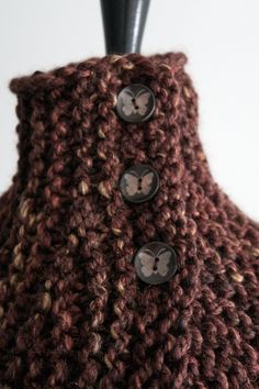 "Yes, it is the same design as The Original Brianna Capelet, using different yarn -- https://www.etsy.com/listing/84100565/the-original-brianna-capelet Just look at the pictures to get some ideas how you can wear this unique garment! I knitted this cowl capelet from a bulky acrylic/wool yarn and embellished with cute wooden buttons. Measurements: from neck to bottom - approx. 12\" (31 cm) More capelets cowls here - https://www.etsy.com/shop/KnitsomeStudio?ref=seller-platform-mcnav§ion_id=1051417 Brown Crochet Knitting Pattern For Fall, Brown Knitting Pattern With Knit Fabrication, Knitted Capelet, Outlander Season 4, Yarn Creations, Brown Tweed, Cowl Scarf, Knit Wrap, Wooden Buttons