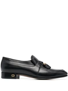 black lambskin gold-tone hardware signature Interlocking G logo plaque tassel detail low block heel branded insole almond toe Gucci Moccasins, Black Moccasins, G Logo, Bling Shoes, Leather Moccasins, Mens Black Leather, Leather Cap, Year 2024, Sneaker Heels