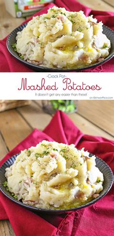 two plates filled with mashed potatoes on top of a wooden table