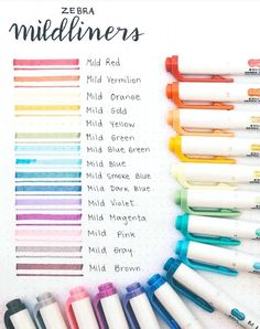 some markers and pens are lined up on a sheet of paper with the words, bebea mildliners