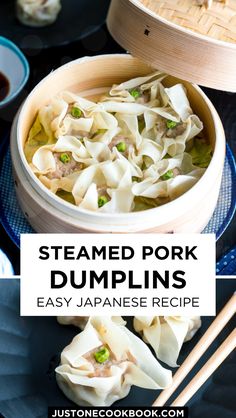 steamed pork dumplings in a bowl with chopsticks on the side and text overlay reading steamed pork dumplings easy japanese recipe