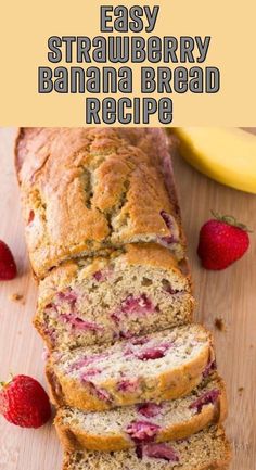 sliced strawberry banana bread on a cutting board with strawberries