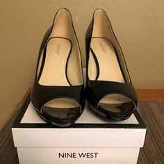 Nine West Black Patent Leather Peep Toe Heels. Size 10 New Open Toe Patent Leather Heels For Office, Open Toe Court Shoes With 4-inch Heel For Office, Spring Open Toe Court Shoes For Office, Open Toe Patent Leather Heels For Work, Open Toe Court Shoes With Branded Heel Counter, Classic Open Toe Court Shoes For Office, Leather Open Toe Court Shoes For Night Out, Black Strappy High Heels, Red Strappy Heels