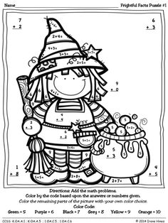 a coloring page for halloween with an image of a witch and her pot full of candy