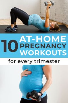 a pregnant woman doing exercises with dumbbells in front of her belly and the words at - home pregnancy workouts for every trimester