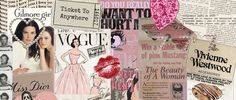 the collage is made up of many different things in pink and white colors, including newspaper pages