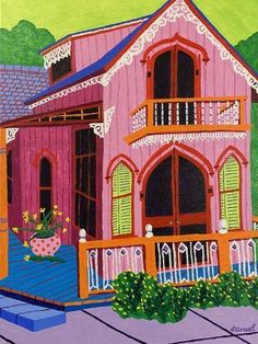 a painting of a pink house with green shutters and flowers on the front porch