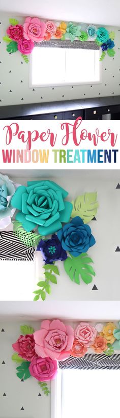 paper flowers are hanging on the wall in front of a window that says happy flower window treatment