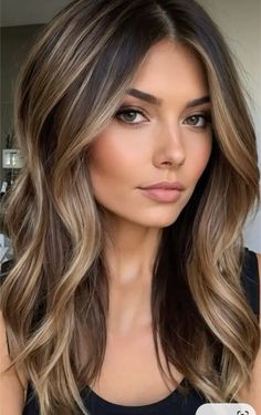 Medium Brown Hair With Balayage Blonde, Brunette With Champagne Highlights, Celebrity Layered Hairstyles, Brunette On Top Blonde Underneath, Mocha Bronde Balayage On Brown Hair, Summer Hair 2024 Bronde, Fall 2024 Womens Hair, Summer Hair Brunette Balayage, Balayage For Long Dark Brown Hair