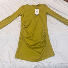 Stretches Size Medium Zara Greenish/Yellow Dress Long Sleeve Brand New Midi Dress Elegant Yellow Stretch Mini Dress, Casual Yellow Fall Dress, Casual Yellow Dress For Fall, Elegant Stretch Yellow Dress, Elegant Yellow Stretch Dress, Elegant Yellow Long Sleeve Dress, Elegant Long Sleeve Yellow Dress, Casual Mustard Knee-length Dress, Olive Fitted Dress For Party