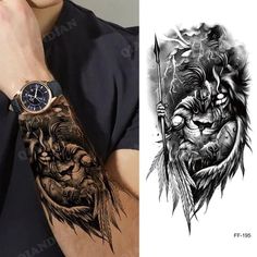 a man with a tattoo on his arm next to an image of a lion