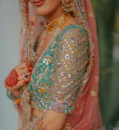 Loving this bride’s beautiful sea foam green and peach saree with a stunning gota and beaded detailing. Pc:Pictroizzah #indianwedding #bride #indianbride #wedding #weddinginspiration #details #blouse #indianfashion #indianoutfit Deena Rahman, Sheer Blouse Designs, Latest Lehenga Blouse Designs, Sleeve Blouse Designs, Lehenga Color Combinations, Lehenga Blouse Design, Clothes For Wedding, Shaadi Outfits, Rimple And Harpreet Narula