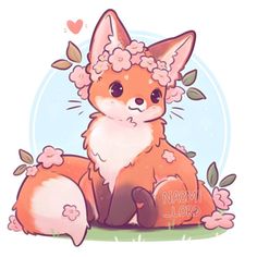 a cute little fox with flowers on its head