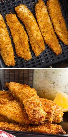 chicken strips are being cooked in an air fryer and then fried with parmesan cheese