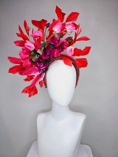 Gorgeous Kentucky Derby hat fascinator  kentucky derby hat fascinator red wine roses with pink white ombre flowers and large red feathers on red beaded crystal headband  headband attachment  each hat is totally one of a kind! no two are alike! I can probably add feathers, flowers etc to existing hats for a small fee. I cannot remove anything from existing hats. Just message me and see if we can make it work! :) I cannot make custom order from scratch. My schedule is unfortunately too crazy :( *All hats are sold as displayed. No returns do to nature of product (headwear) Of course do not hesitate to contact me with any issues :) NO RETURNS OR EXCHANGES. Please make sure you are this matches your outfit before purchasing!! I am happy to help!! Please ask any questions before purchasing Luxury Red Fascinator, Red Feather Headpiece For Kentucky Derby, Red Feathered Headpiece For Kentucky Derby, Red Headband Headpieces For Carnival, Red Feathered Summer Headpiece, Red Fitted Feather Headpieces, Fitted Red Feathered Headpieces, Red Headpieces With Handmade Flowers For Evening, Red Evening Headpiece With Handmade Flowers