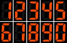 six orange digital clocks showing the time in four different times, each with an arrow pointing up