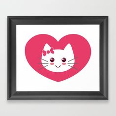 a pink heart with a white cat's face on it and a black frame